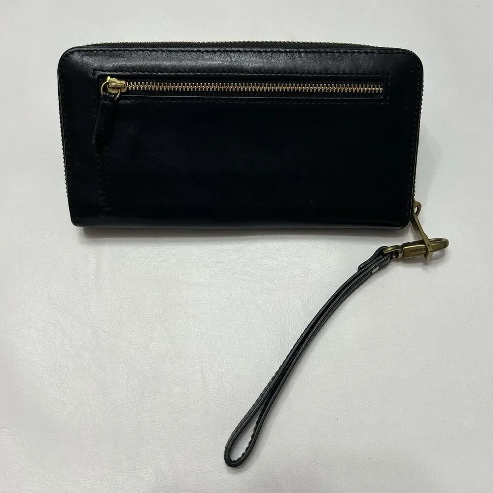 Fossil Zip Around Wristlet Emma Black RFID Large Leather Clutch Women’s Classy